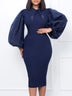 Women Long Lantern Sleeves Dress Turn Down Collar Autumn Fashion