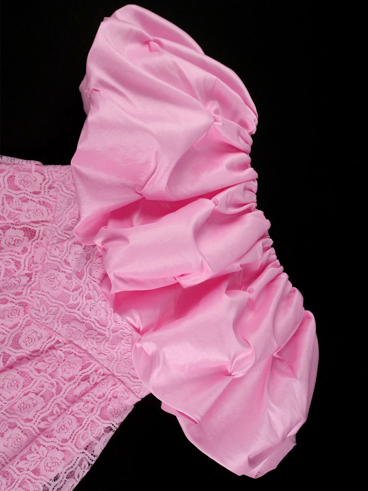 Women's Pink Off-Shoulder Dress Ruffled Puff Sleeves Floral Lace