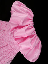 Women's Pink Off-Shoulder Dress Ruffled Puff Sleeves Floral Lace