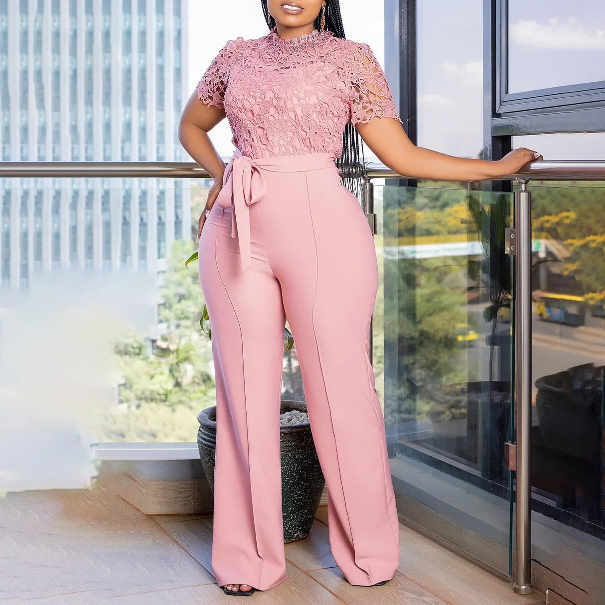 Pink Lace Jumpsuit Women Patchwork High Waist Wide Leg Waist Belt Modest
