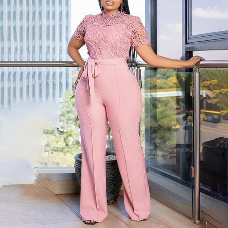 Pink Lace Jumpsuit Women Patchwork High Waist Wide Leg Waist Belt Modest