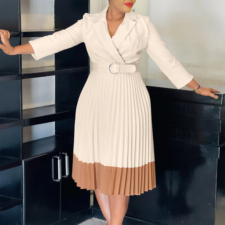 AOMEIDRESS Elegant Pleated Dress Notched Collar Wrist Sleeve Color Block