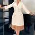 AOMEIDRESS Elegant Pleated Dress Notched Collar Wrist Sleeve Color Block