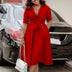 A Line Pleated Dresses for Women Turn Down V Neck Half Sleeves Classy Button Up