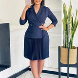 Elegant Dress For Women Notched Collar Three Quarter Sleeve Pleated