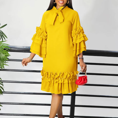 Women Shirt Dress Loose 4 3 Sleeves Pleated Ruffles Bow Collar