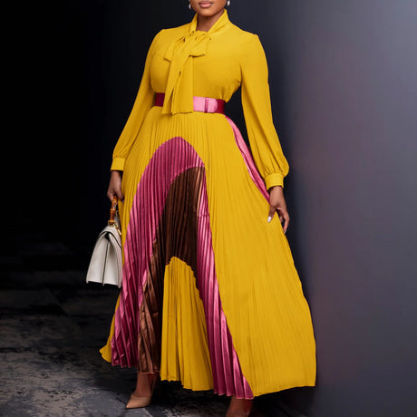 Elegant Women Pleated Maxi Dress Autumn New Lace Up Pleated Long Sleeves