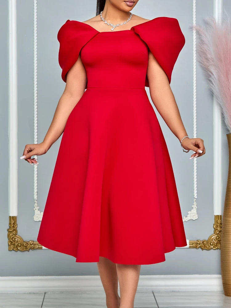 Women A Line Pleted Party Dress Elegant Short Sleeves Off Shoulder