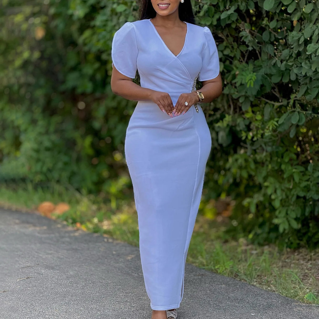 Women Pink Bodycon Long Dresses V Neck Short Sleeves Church