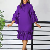 Women Shirt Dress Loose 4 3 Sleeves Pleated Ruffles Bow Collar