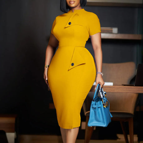 Elegant Church Dresses for Women Bodycon Short Sleeves Buttons Package Hip