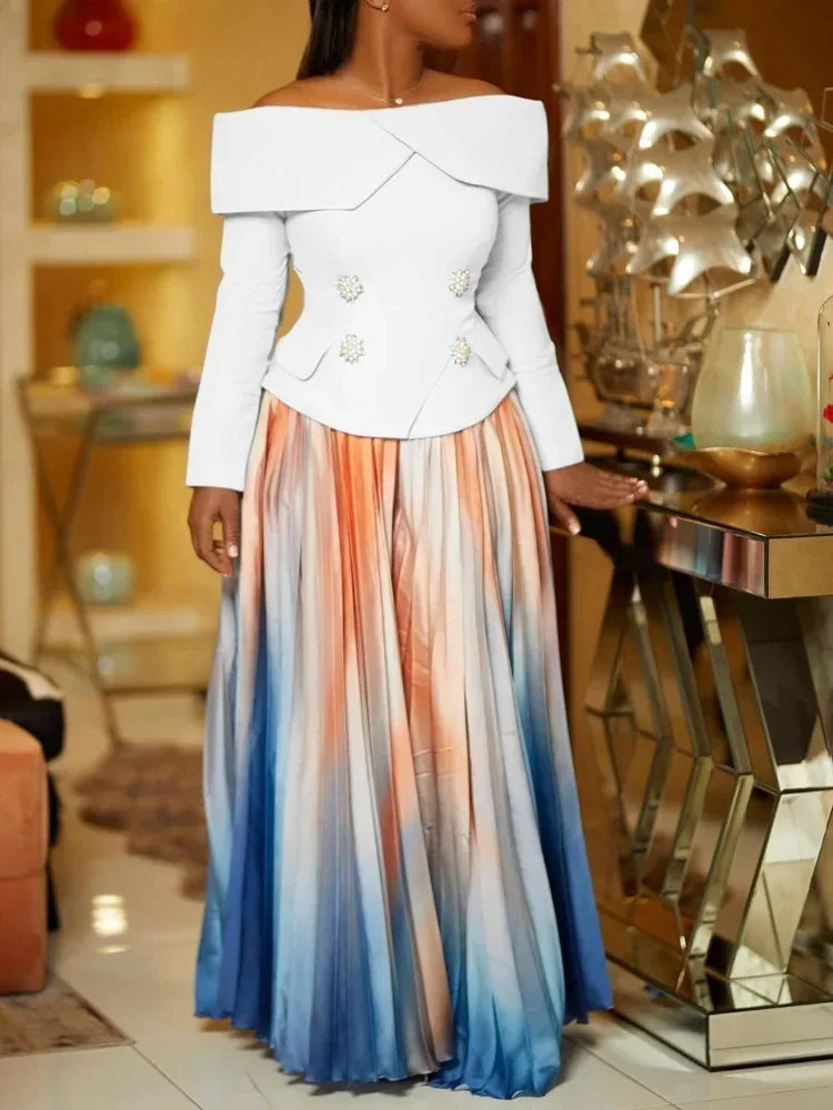 Women's Two Piece Set Elegant Off Shoulder Suit Tops Printed Loose Long Pleated Skirt