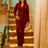Elegant Two Piece Set Women Notched Lapel Lace Up Tops Full Length Flare Pants Wine / S