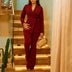 Elegant Two Piece Set Women Notched Lapel Lace Up Tops Full Length Flare Pants Wine / S