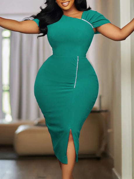 Elegant Bodycon Dresses Skew Collar Beading Women Office Ladies Church