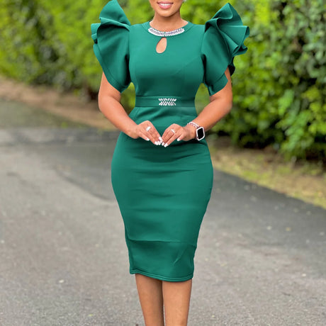 Women Bodycon Party Dress Ruffles Sleeves Hollow Out Party