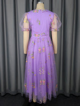 Women's Purple Floral Embroidered Organza Dress Sweetheart Neck Puff Short Sleeves