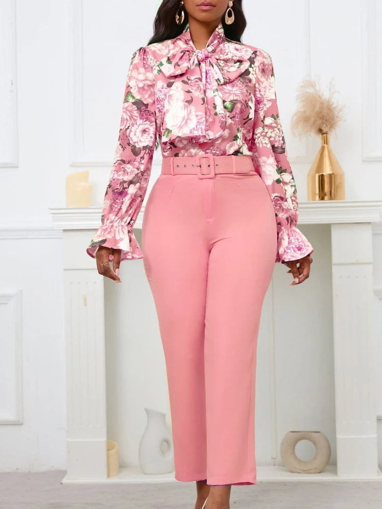 Chic Elegant Women Two Pieces Set  Lace Up Bow Long Sleeve Printed Blouse Pants