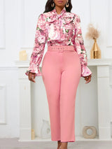 Chic Elegant Women Two Pieces Set  Lace Up Bow Long Sleeve Printed Blouse Pants