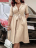 A Line Pleated Dresses for Women Turn Down V Neck Half Sleeves Classy Button Up