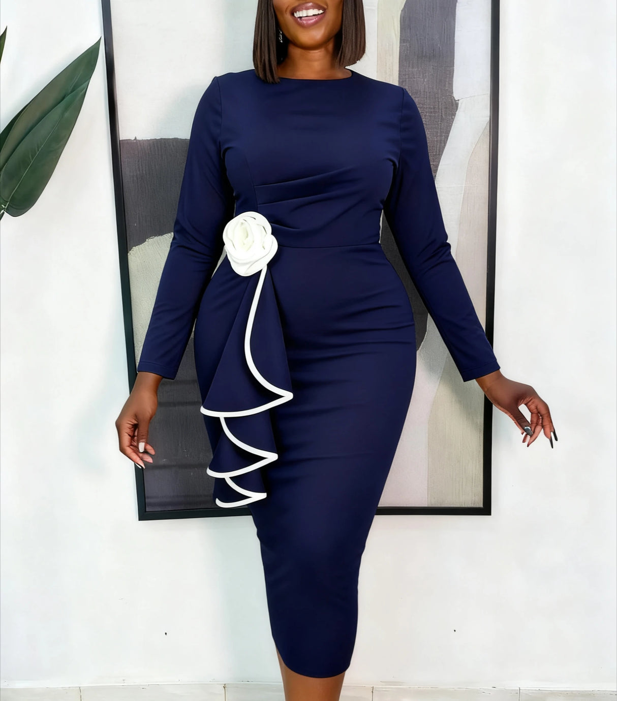 AOMEIDRESS Elegant Navy Bodycon Ruffles Church Dress with 3D Flower