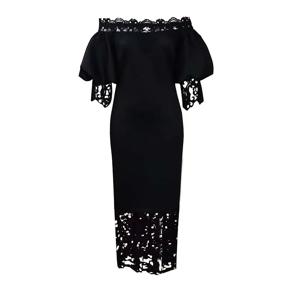 Women Off Shoulder Long Dress Hollow Out Lace High Waisted Bubble Sleeve