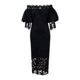 Women Off Shoulder Long Dress Hollow Out Lace High Waisted Bubble Sleeve