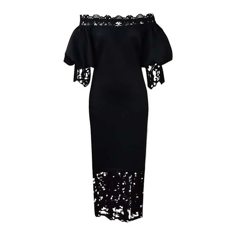 Women Off Shoulder Long Dress Hollow Out Lace High Waisted Bubble Sleeve