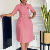 AOMEIDRESS Elegant Dresses V Neck Short Sleeves Pleated Belt 3D Flowers