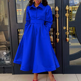 Women Autumn New Item Wrinkled Lapel Long Sleeved A-line Dress
