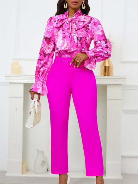 Chic Elegant Women Two Pieces Set  Lace Up Bow Long Sleeve Printed Blouse Pants