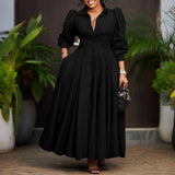 Elegant Shirt Dresses Women Turn Down Collar Long Puff Sleeve