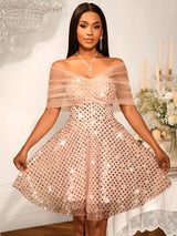 Women's Strapless Off-Shoulder Mesh Capelet Sequin Dress A Line Party Mini Dress