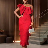 AOMEIDRESS One Shoulder Tassel Dresses Sexy Big Bow Ruffles Wedding Guest Occassion Red / S