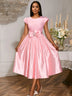 Pink Satin Midi Dress Short Sleeves Patchwork Rose Jacquard O-Neck Bow A Line