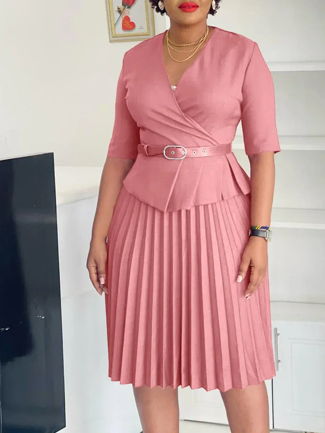 Elegant Church Dresses for Women V Neck Peplum Pleated Waist Belt