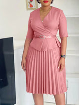 Elegant Church Dresses for Women V Neck Peplum Pleated Waist Belt
