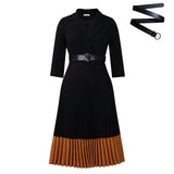 AOMEIDRESS Elegant Pleated Dress Notched Collar Wrist Sleeve Color Block