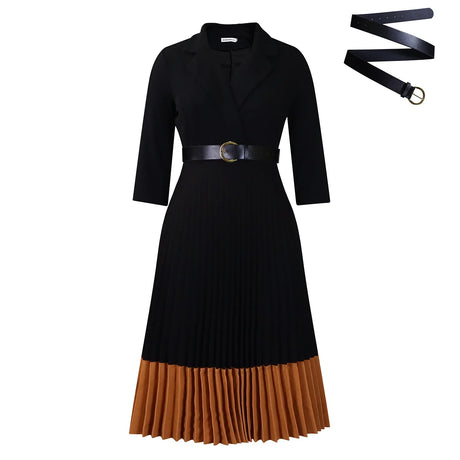 AOMEIDRESS Elegant Pleated Dress Notched Collar Wrist Sleeve Color Block