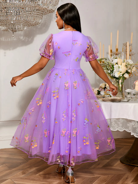 Women's Purple Floral Embroidered Organza Dress Sweetheart Neck Puff Short Sleeves