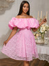 Women's Pink Off-Shoulder Dress Ruffled Puff Sleeves Floral Lace