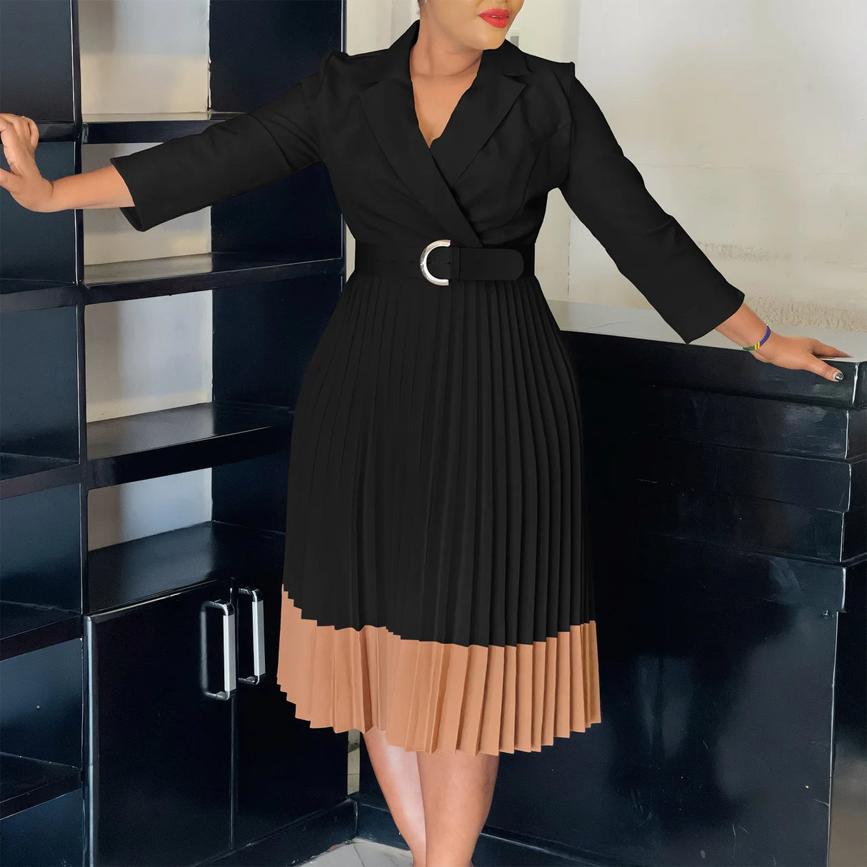 AOMEIDRESS Elegant Pleated Dress Notched Collar Wrist Sleeve Color Block