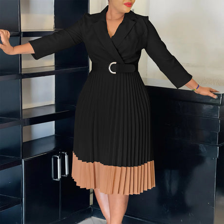 AOMEIDRESS Elegant Pleated Dress Notched Collar Wrist Sleeve Color Block