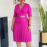 Elegant Church Dresses for Women V Neck Peplum Pleated Waist Belt