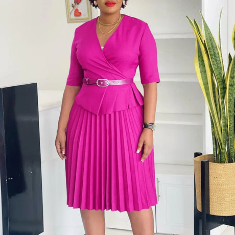 Elegant Church Dresses for Women V Neck Peplum Pleated Waist Belt
