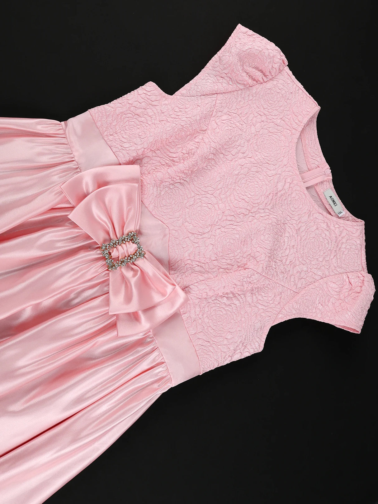 Pink Satin Midi Dress Short Sleeves Patchwork Rose Jacquard O-Neck Bow A Line