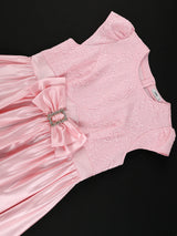 Pink Satin Midi Dress Short Sleeves Patchwork Rose Jacquard O-Neck Bow A Line