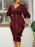 Women Two Pieces Set V Neck Button Up Lantern Sleeves High Waist Skirt Zipper Up Ruffles