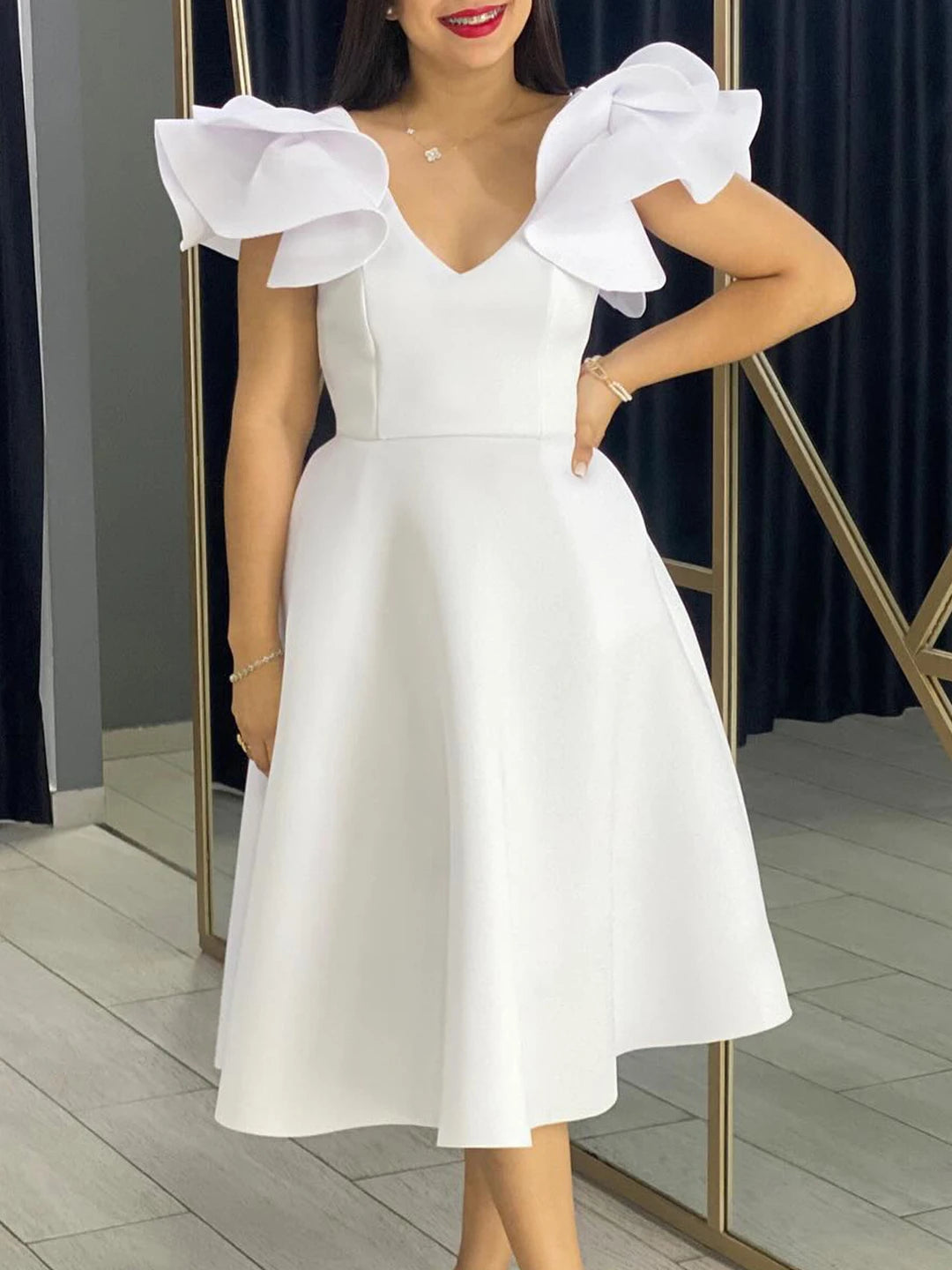 A Line Party Dresses Ruffles Sleeves for Women Church Occasion Event Gowns