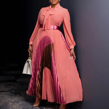 Elegant Women Pleated Maxi Dress Autumn New Lace Up Pleated Long Sleeves